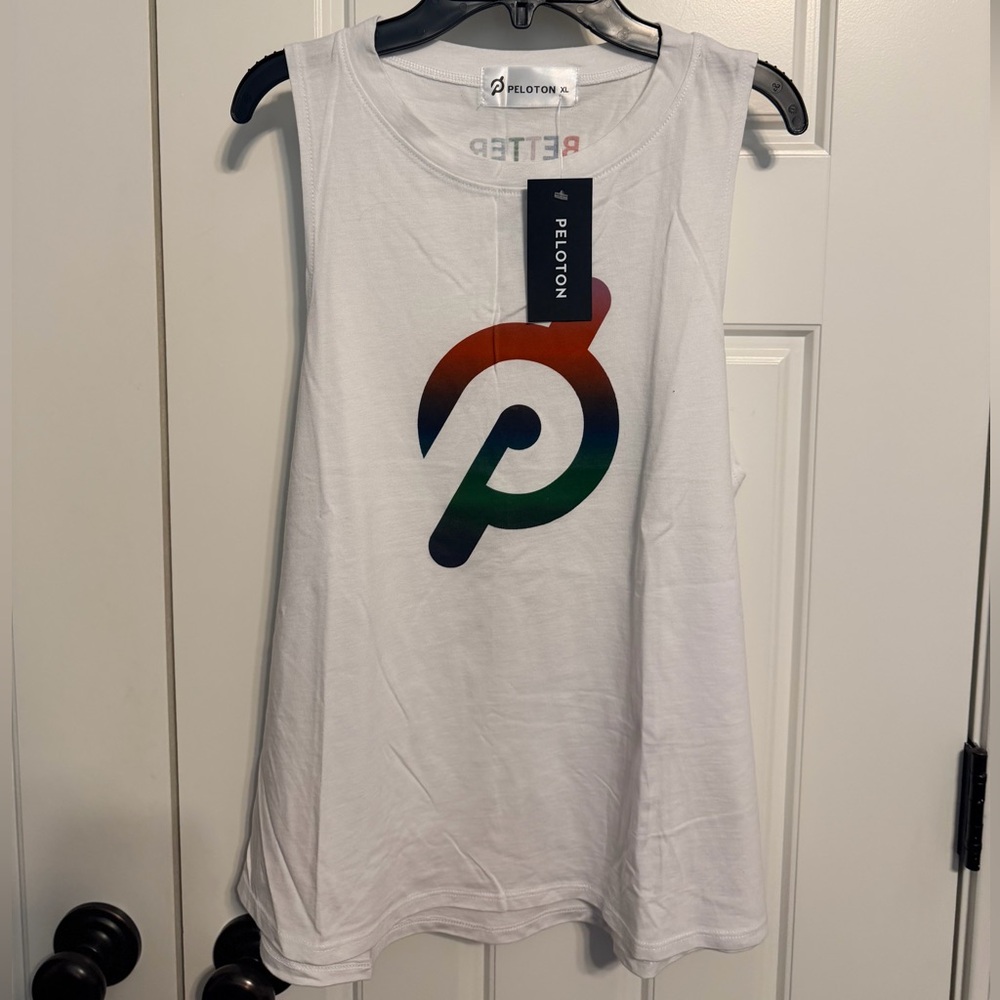 Peloton Women's White Muscle Tee with Multicolor Logo